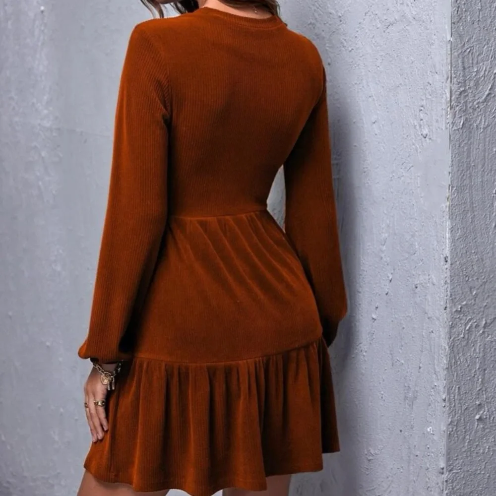 Boho rust brown ribbed knit ruffle hem dress - Picture 3 of 5